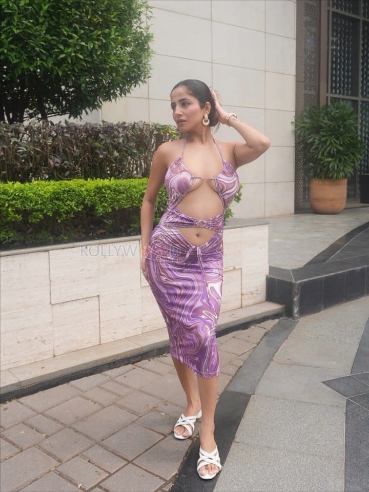 Erotic Voluptuous Kate Sharma in a Purple and White Marble Print Cutout Midi Dress Photos 01