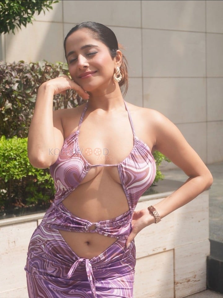 Erotic Voluptuous Kate Sharma in a Purple and White Marble Print Cutout Midi Dress Photos 05