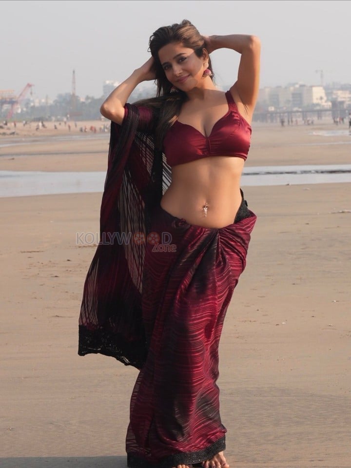 Hot Kate Sharma in a Maroon Saree with Matching Sleeveless Blouse Photos 05