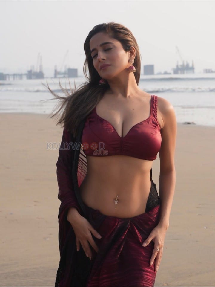 Hot Kate Sharma in a Maroon Saree with Matching Sleeveless Blouse Photos 06