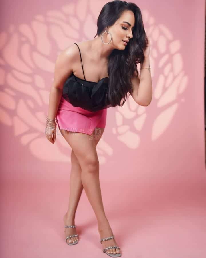 Sexy Aanchal Munjal in a Black Satin Top and Pink Mini Skirt Pictures 03