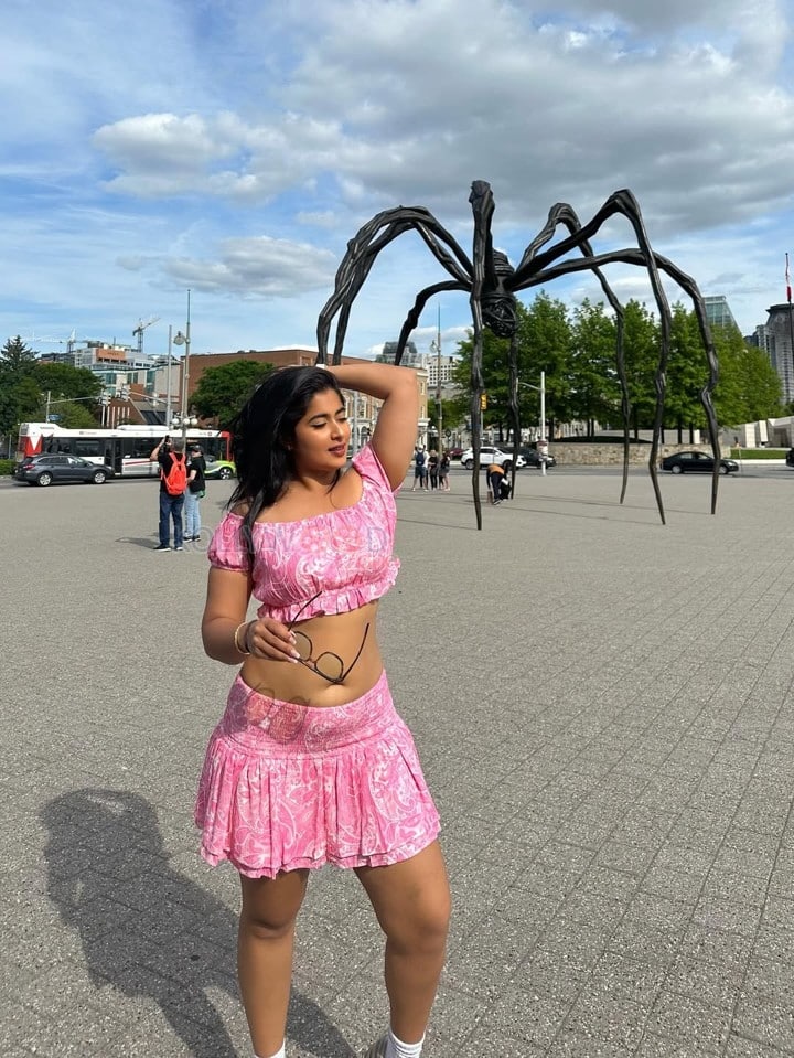 Beautiful Indian Beauty Nikita Sharma Navel in a Pink Mini Skirt and Crop Top Photos 01