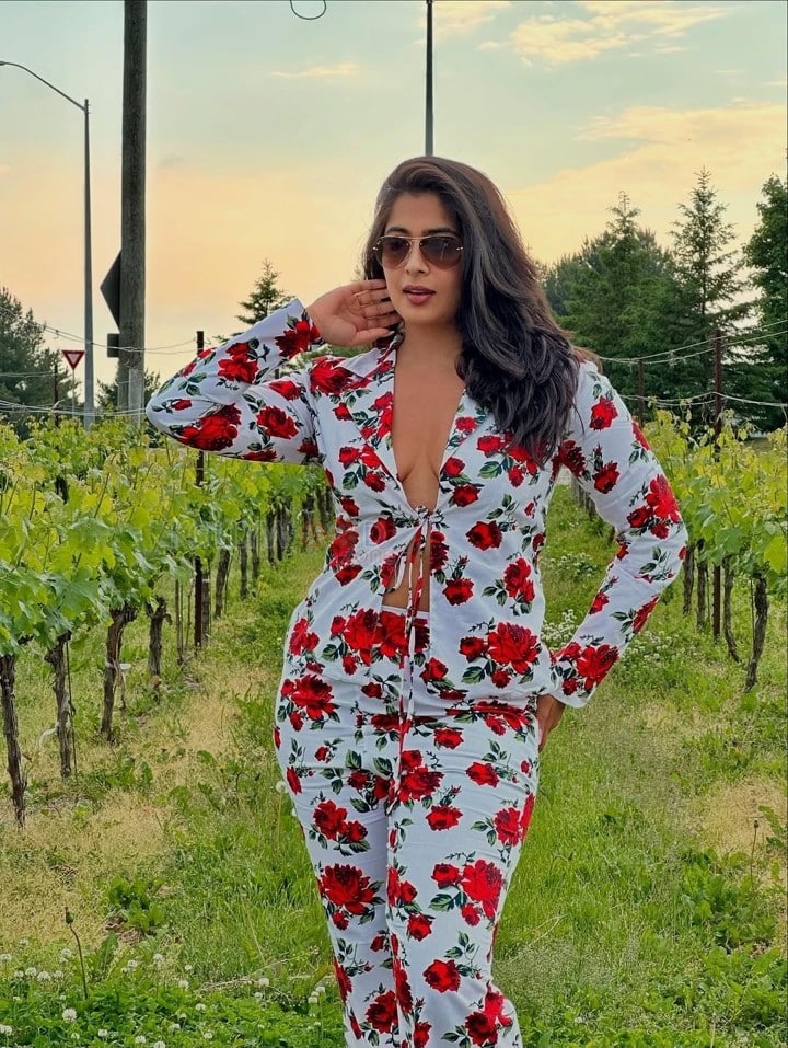 Hot Nikita Sharma Boobs Braless in a Rose Printed Dress Pictures 03