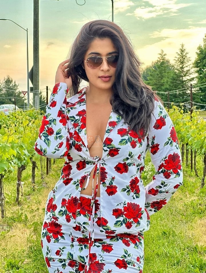 Hot Nikita Sharma Boobs Braless in a Rose Printed Dress Pictures 04