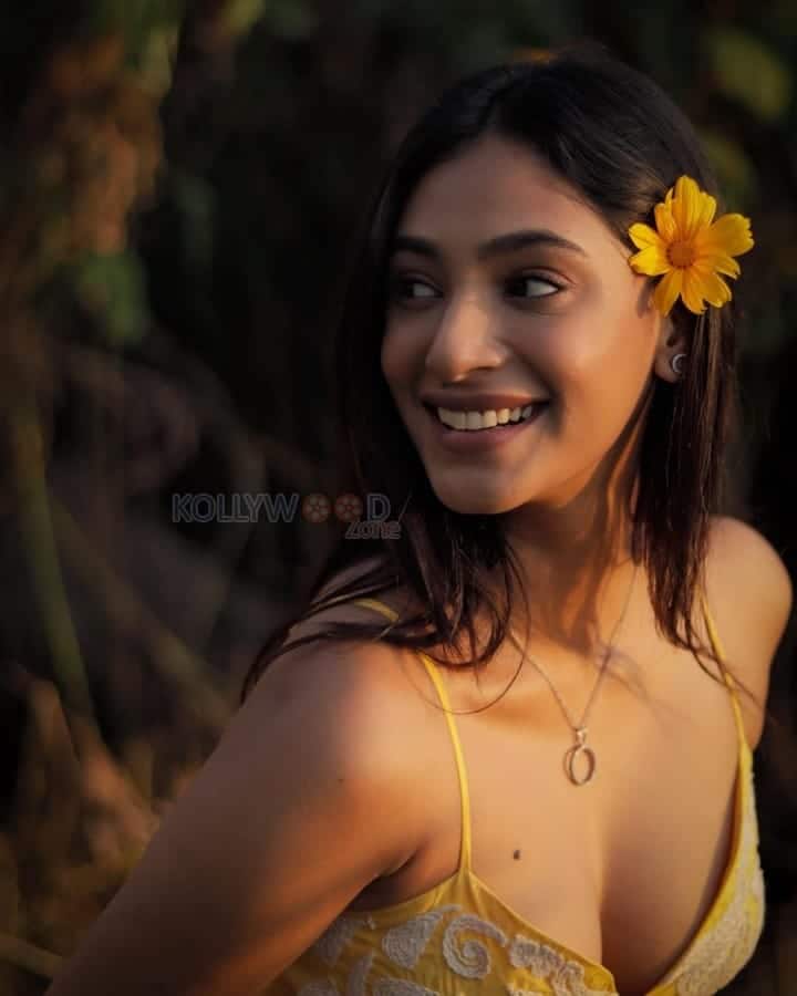 Sexy Anukreethy Vas in a Floral Yellow Babydoll Dress Pictures 03