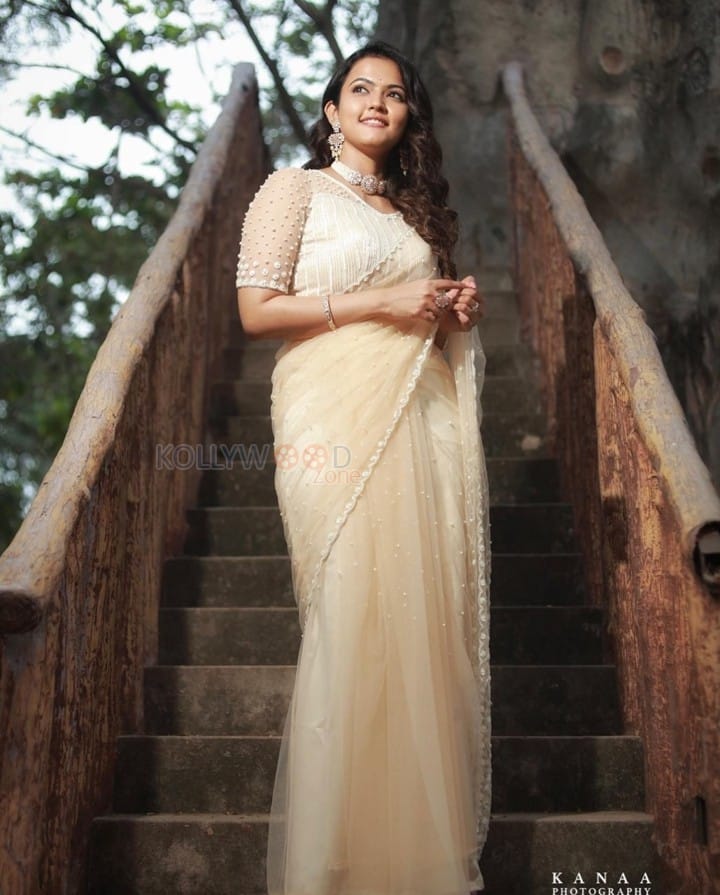 Dada Movie Actress Aparna Das in a Beige Saree with Pearl Work Blouse Photos 06