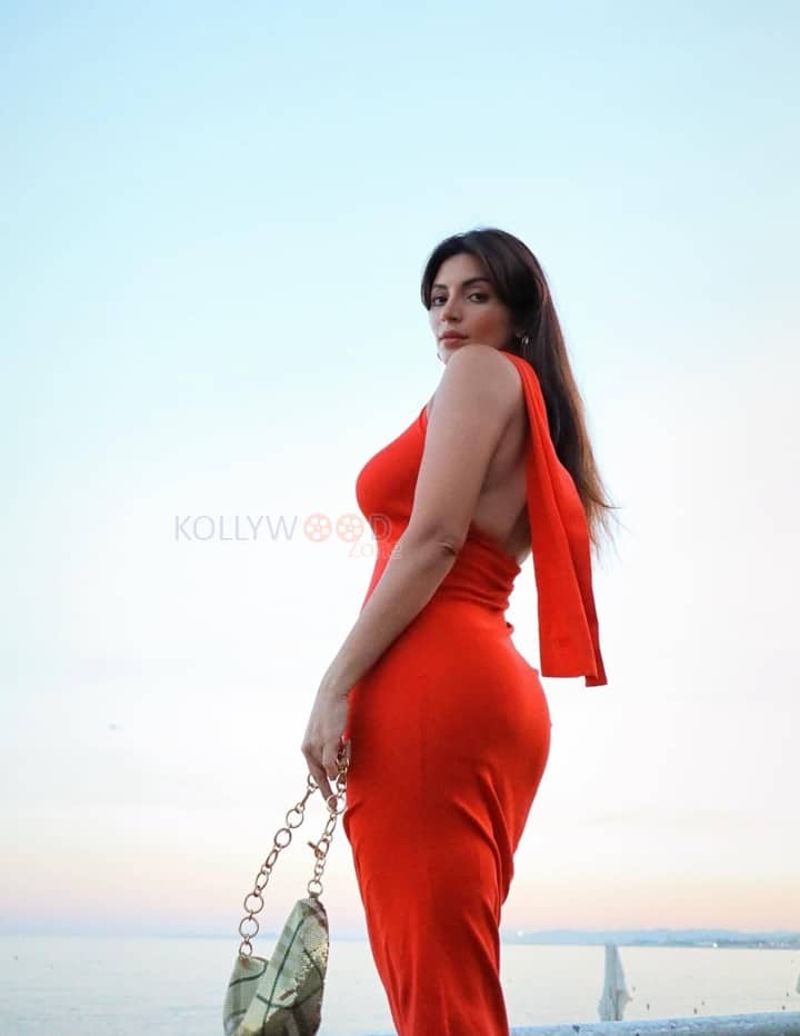 Sexy Shama Sikander in a Red One Shoulder Backless Bodycon Dress Pictures 01