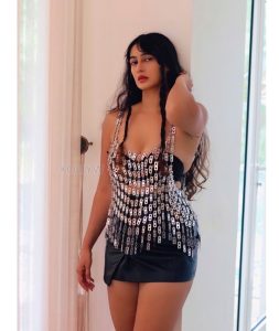 Adorable Megha Shukla In Satin Black Mini Skirt And Black Tube Top