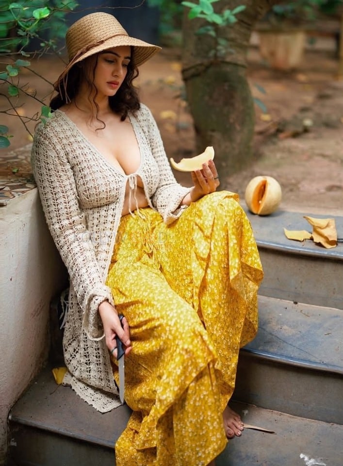 Erotic Beauty Megha Shukla Topless in a Crochet Top with a Flowy Yellow Skirt Photos 01
