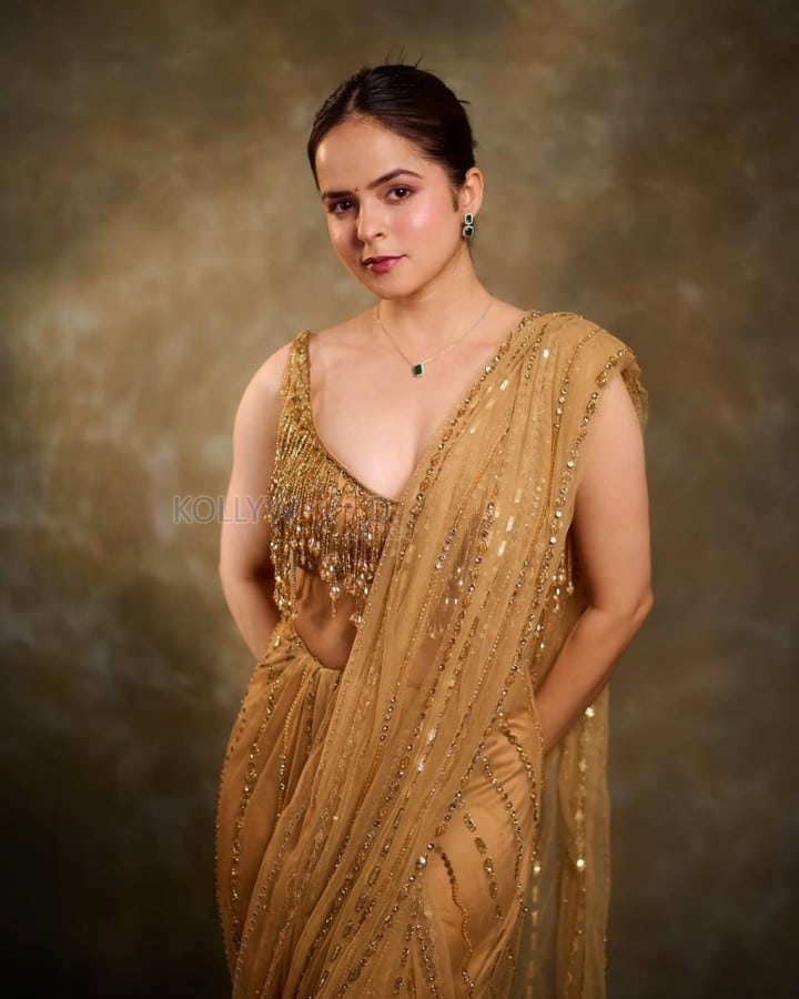 Beautiful Palak Sindhwani in a Beige Designer Saree with Sleeveless Blouse Pictures 03