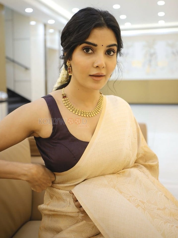 Charming Madhuri Jain in a Beige Silk Saree with a Black Sleeveless Blouse Photos 02