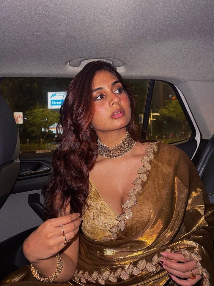 Glam Sensation Srushti Bannatti Cleavage in a Brown Saree with a Sleeveless Blouse Photos 01