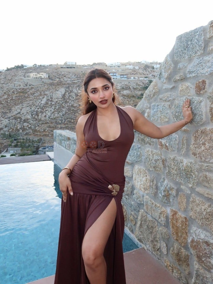 Hot Jiya Shankar in a Brown Thigh Slit Sleeveless Gown Photos 01