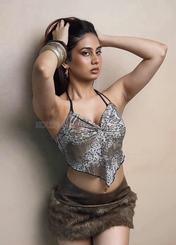 Sexy and Hot Srushti Bannatti in a Light Brown Sleeveless Halter Neck Top with a Furry Mini Skirt Pictures 03