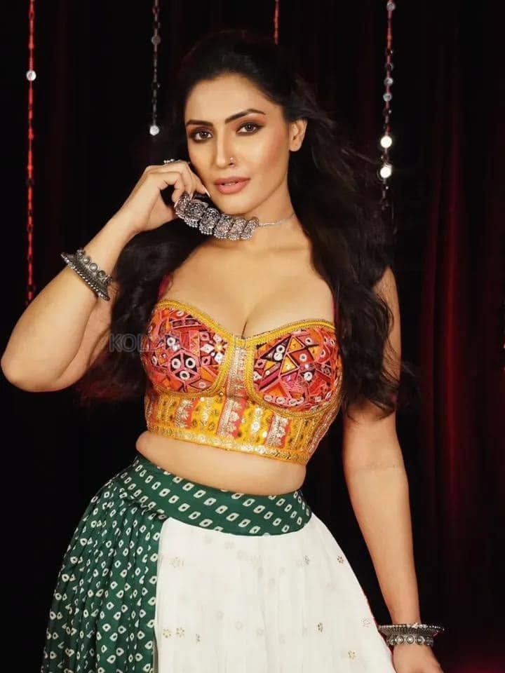 Hot Shivangi Verma in a Multi Coloured Designer Lehenga Gown with a Sleeveless Deep Neck Top Photos 01