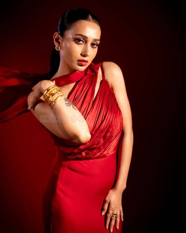 Glamorous Mimi Chakraborty in a Red Satin Halterneck Gown Photos 03