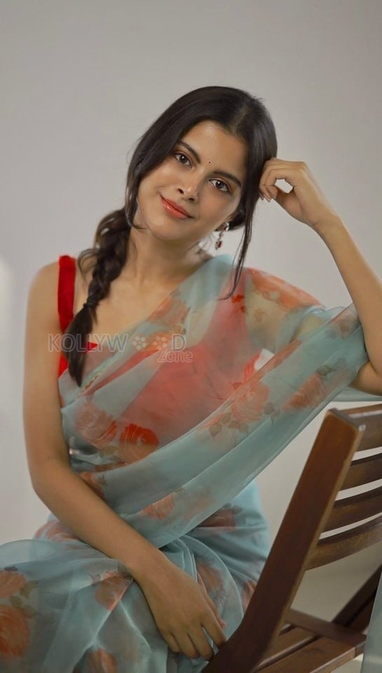 Actress Sanjana Krishnamoorthy in a Floral Saree with a Red Sleeveless Blouse Photos 01