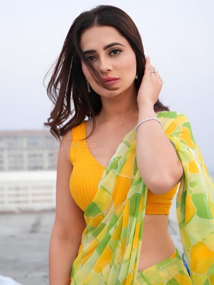 Sultry Beauty Priyanka Rewri in a Yellow Green Printed Saree with Sleeveless Blouse Photos 03