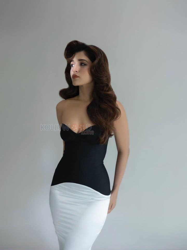 Glamorous Nidhi Shah in a Black and White Off Shoulder Mermaid Gown Pictures 03