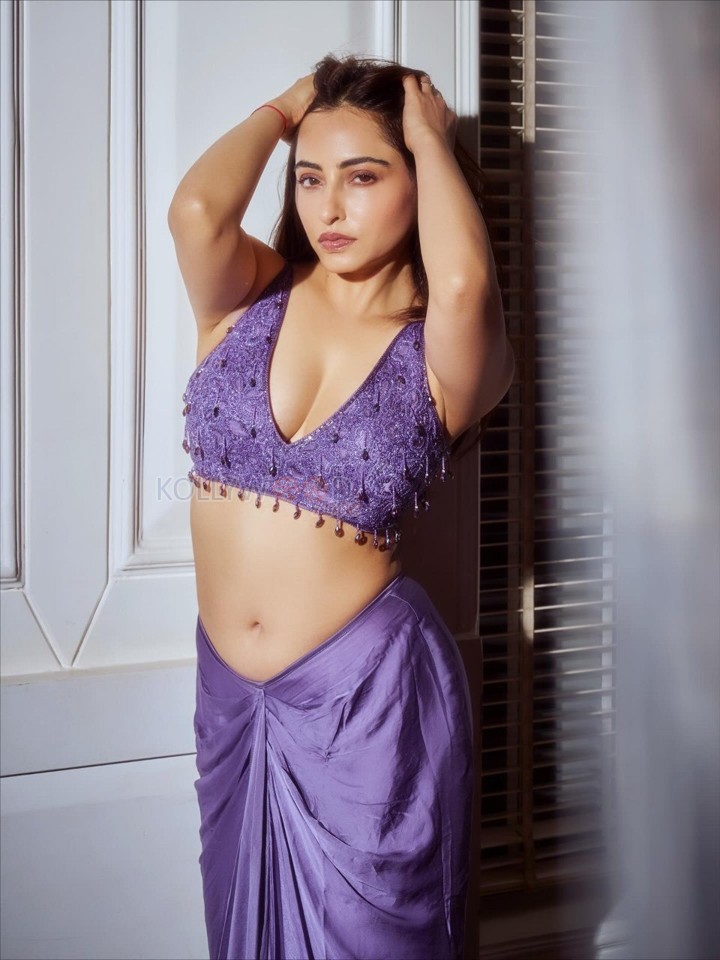 Indian Television Actress Niyati Fatnani Navel in a Purple Saree with an Embroidered Blouse Pictures 10