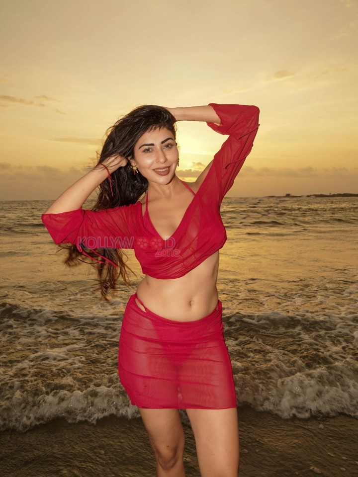 Temptation Island Beauty Ruma Sharma in a Red Sheer Long Sleeved Crop Top and Mini Skirt over a Bikini Photos 03