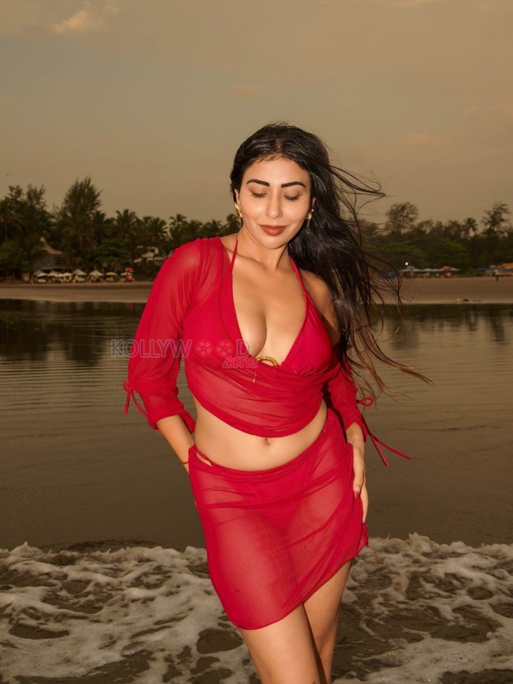 Temptation Island Beauty Ruma Sharma in a Red Sheer Long Sleeved Crop Top and Mini Skirt over a Bikini Photos 06