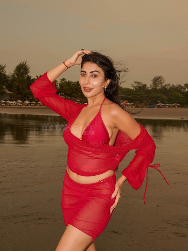 Temptation Island Beauty Ruma Sharma in a Red Sheer Long Sleeved Crop Top and Mini Skirt over a Bikini Photos 09
