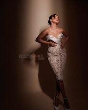 Party Till I Die Actress Avneet Kaur in a Silver and White Strapless Corset Style Gown Pictures 04