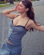 Tempting Avneet Kaur Cleavage in a Grey Lace Trim Crop Top Photos 06