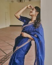 Actress Aishwarya Lekshmi in a Royal Blue Silk Saree with Velvet Blouse Pictures 01