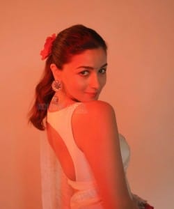 Actress Alia Bhatt wearing a White Saree in Red Light Photos 02