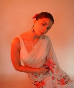 Actress Alia Bhatt wearing a White Saree in Red Light Photos 03