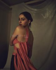 Actress Ananya Panday in a Coral Silk Chiffon Choli Top and Black Crepe Crossover Pants Photos 01