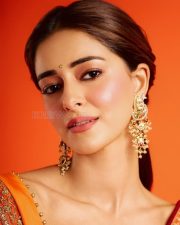 Actress Ananya Panday in a Vibrant Orange Banarasi Brocade Saree by Manish Malhotra with a Heavily Embroidered Elbow Length Blouse Pictures 01