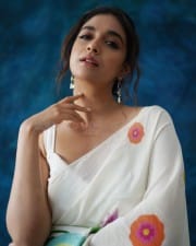 Actress Keerthy Suresh in a White Floral Saree Photos 02
