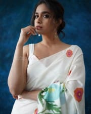 Actress Keerthy Suresh in a White Floral Saree Photos 05
