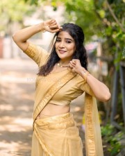 Actress Sakshi Agarwal in Golden Saree Photoshoot Stills 02