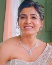 Actress Samantha Ruth Prabhu in a Corset Blouse and Transparent White Saree with a Diamond Necklace Photos 01