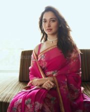 Actress Tamannah Bhatia in a Pink Floral Printed Saree with a Sleeveless Blouse at Odela 2 Movie Press Meet Stills 03