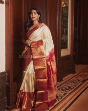 Aishwarya Lekshmi in a White and Red Silk Saree Pictures 02