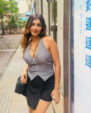 Appealing Yashika Aannand in a Grey Halter Neck Vest Top with a Black Asymmetrical Skort Pictures 01