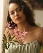 Attractive Nandita Swetha in a Green Satin Dress Photos 03