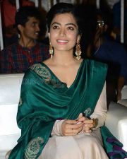 Beaming Actress Rashmika Mandanna in a Green Silk Saree with Cream Embroidered Blouse Photos 02
