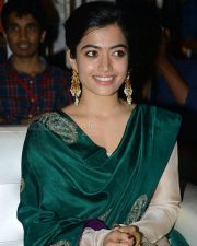 Beaming Actress Rashmika Mandanna in a Green Silk Saree with Cream Embroidered Blouse Photos 03