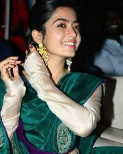 Beaming Actress Rashmika Mandanna in a Green Silk Saree with Cream Embroidered Blouse Photos 05