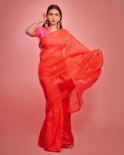 Beautiful Actress Aditi Rao Hydari in a Vibrant Orange Saree with a Plush Pink Blouse Photos 02