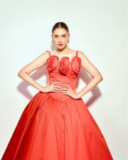 Beautiful Aditi Rao Hydari in a Scarlet Red Midi Dress with Pointed Corset and Roses On Bust Pictures 02