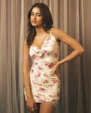 Beautiful Ananya Panday in a Ruched Midi Satin White and Pink Floral Dress Pictures 03