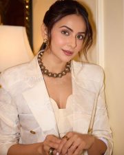 Beautiful Bollywood Actress Rakul Preet Singh in an Ivory White Blazer with a Maxi Skirt Photos 02