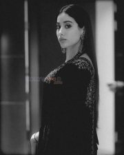 Beautiful Janhvi Kapoor in a Midnight Blue Velvet Saree with a Halter Neck Blouse Pictures 03
